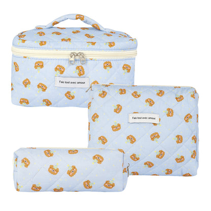 3-Piece Quilted Floral Cosmetic Bag Set – Cotton Travel Toiletry & Skincare Organizer