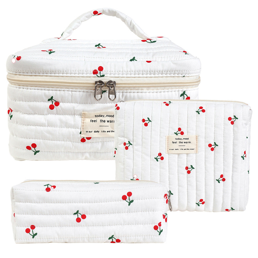 3-Piece Quilted Floral Cosmetic Bag Set – Cotton Travel Toiletry & Skincare Organizer