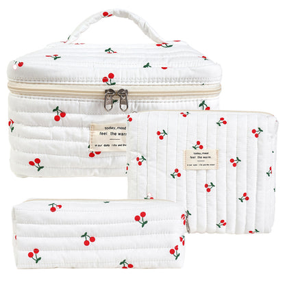 3-Piece Quilted Floral Cosmetic Bag Set – Cotton Travel Toiletry & Skincare Organizer