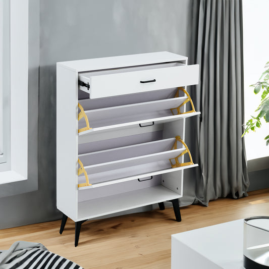 Modern White Shoe Cabinet with Metal Legs — Slim Profile Storage Shelves
