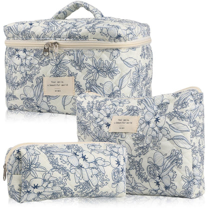 3-Piece Quilted Floral Cosmetic Bag Set – Cotton Travel Toiletry & Skincare Organizer