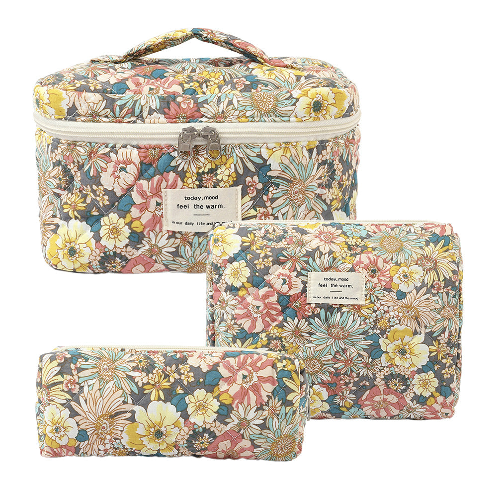 3-Piece Quilted Floral Cosmetic Bag Set – Cotton Travel Toiletry & Skincare Organizer