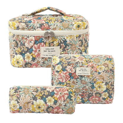 3-Piece Quilted Floral Cosmetic Bag Set – Cotton Travel Toiletry & Skincare Organizer