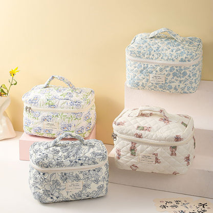 3-Piece Quilted Floral Cosmetic Bag Set – Cotton Travel Toiletry & Skincare Organizer