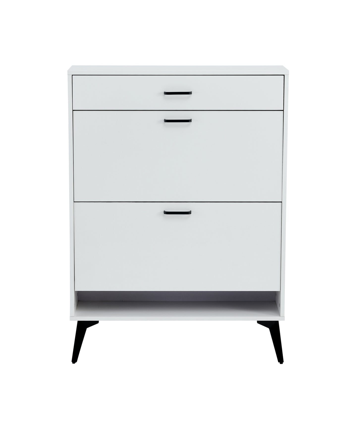 Modern White Shoe Cabinet with Metal Legs — Slim Profile Storage Shelves