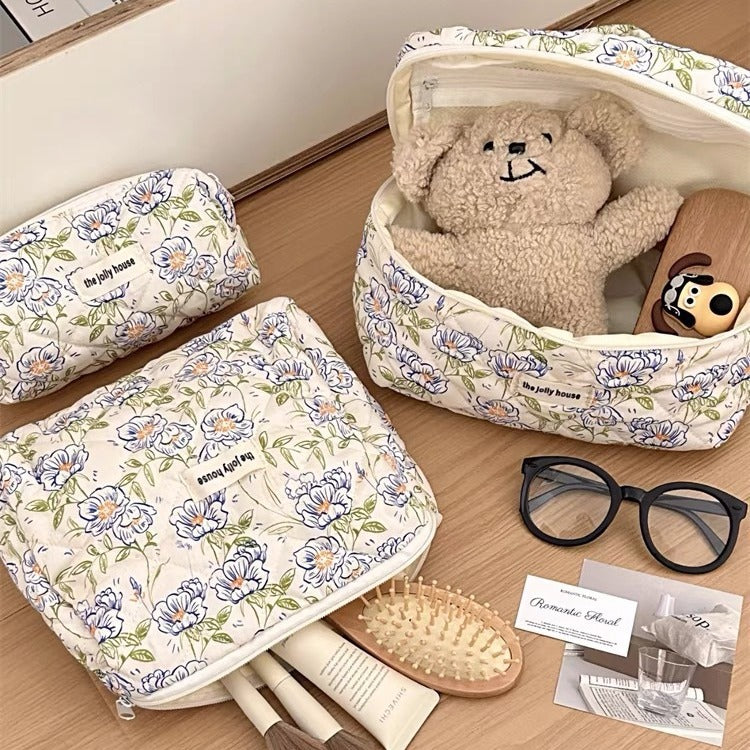 3-Piece Quilted Floral Cosmetic Bag Set – Cotton Travel Toiletry & Skincare Organizer