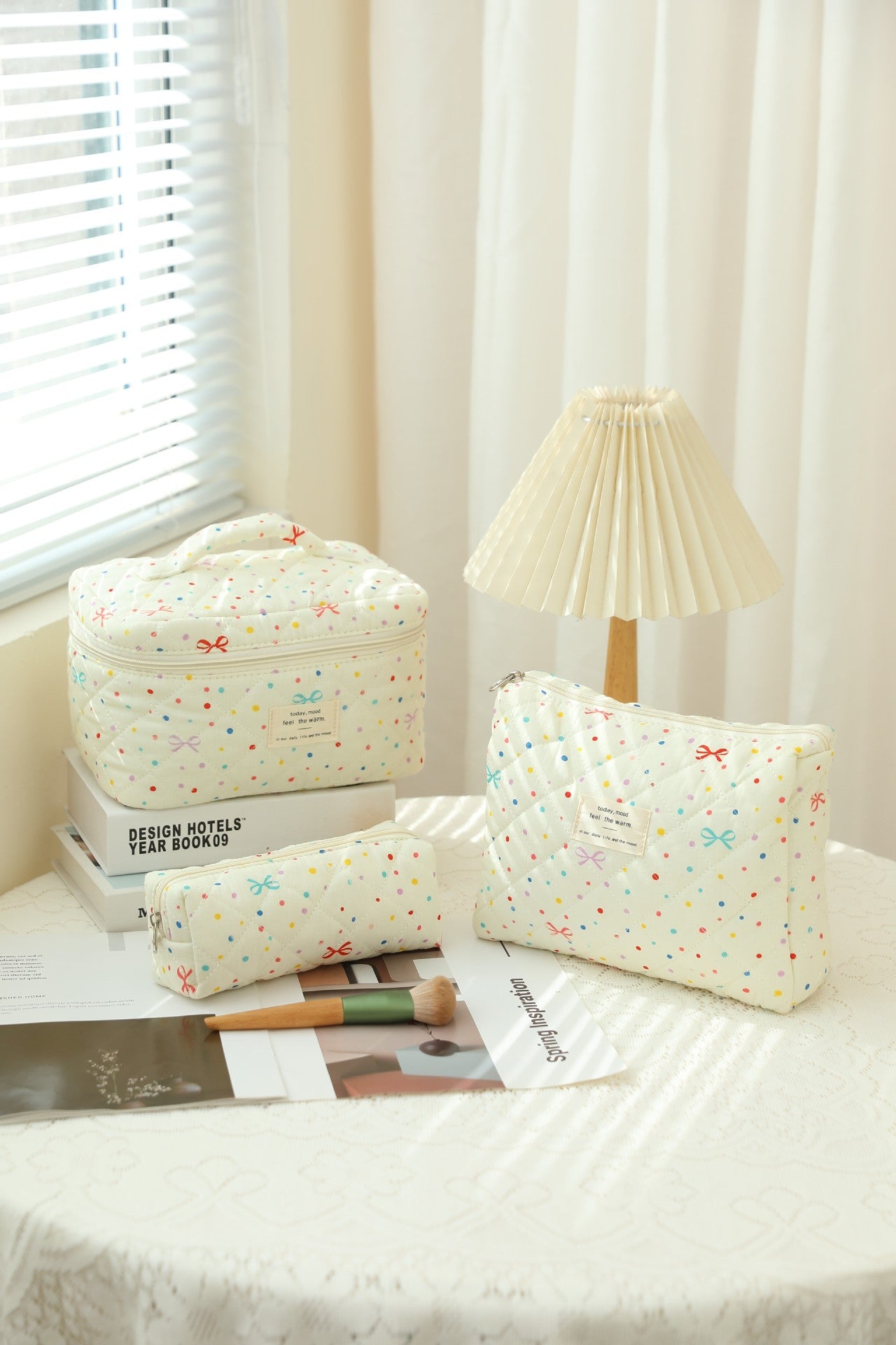 3-Piece Quilted Floral Cosmetic Bag Set – Cotton Travel Toiletry & Skincare Organizer