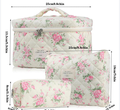 3-Piece Quilted Floral Cosmetic Bag Set – Cotton Travel Toiletry & Skincare Organizer