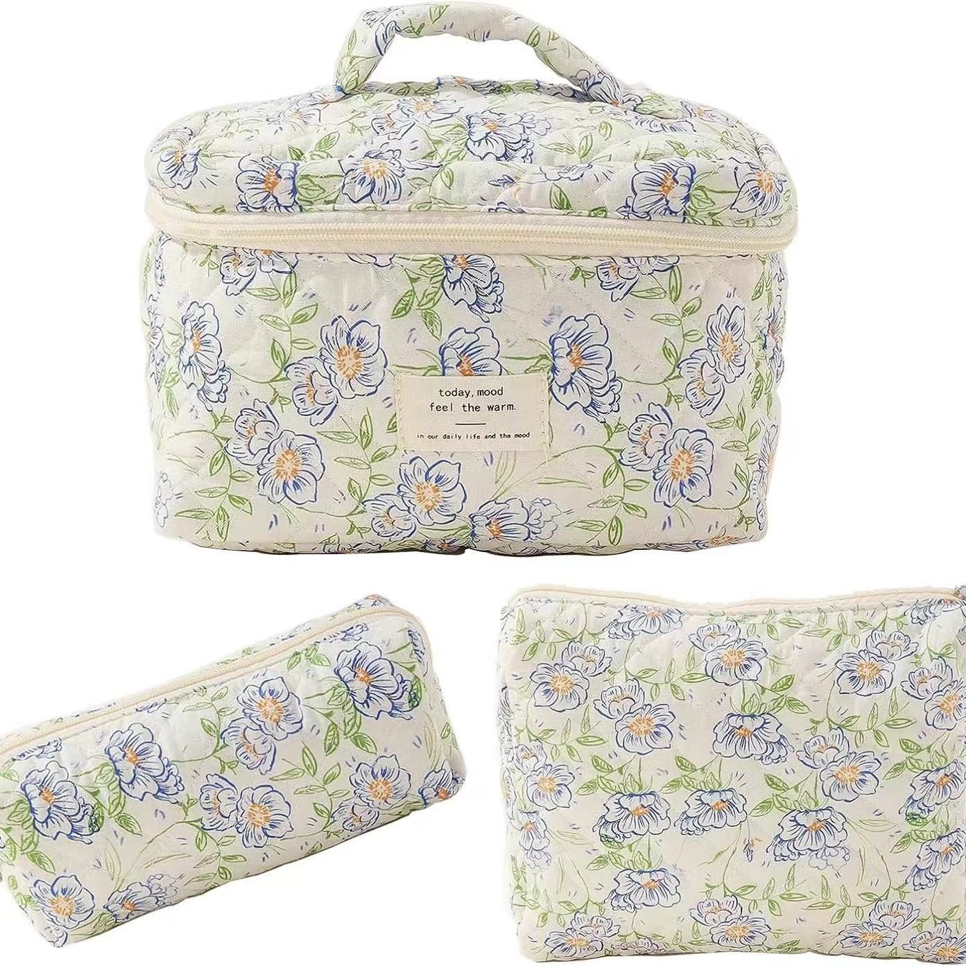 3-Piece Quilted Floral Cosmetic Bag Set – Cotton Travel Toiletry & Skincare Organizer