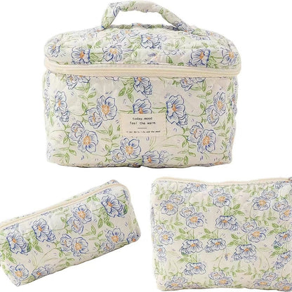 3-Piece Quilted Floral Cosmetic Bag Set – Cotton Travel Toiletry & Skincare Organizer