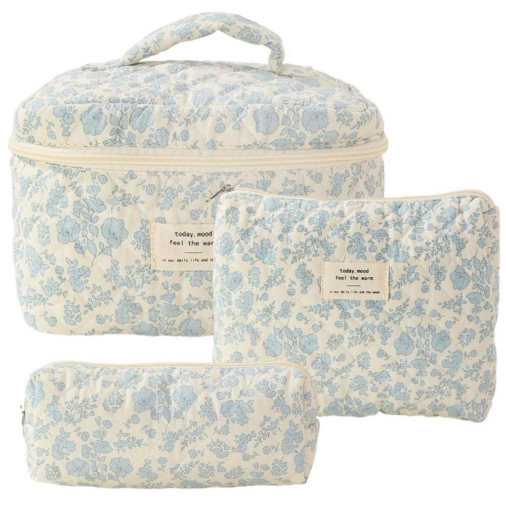 3-Piece Quilted Floral Cosmetic Bag Set – Cotton Travel Toiletry & Skincare Organizer