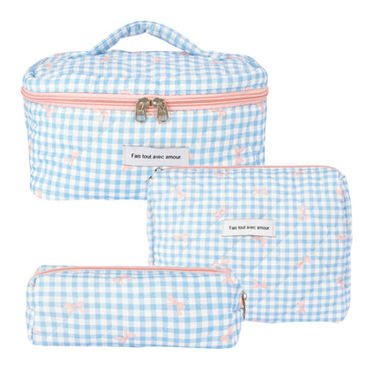 3-Piece Quilted Floral Cosmetic Bag Set – Cotton Travel Toiletry & Skincare Organizer