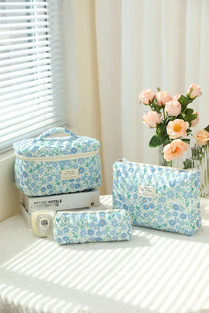 3-Piece Quilted Floral Cosmetic Bag Set – Cotton Travel Toiletry & Skincare Organizer